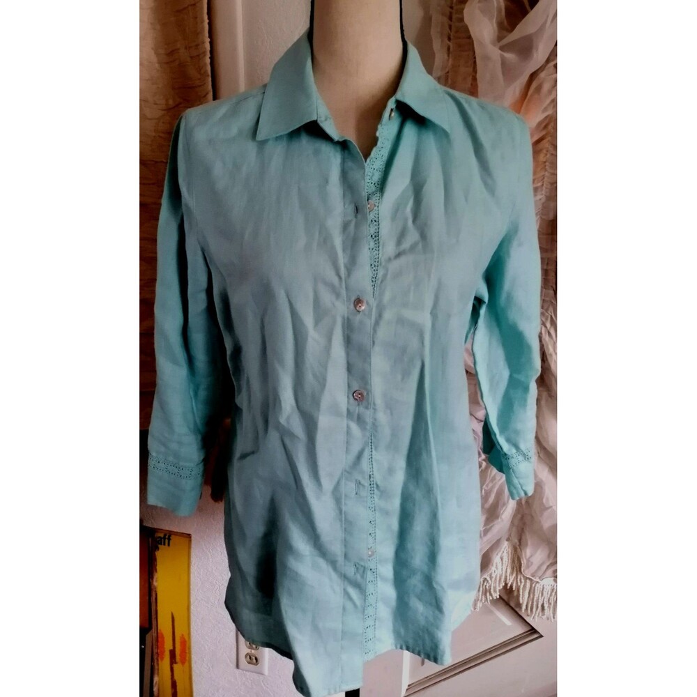 Women Button Up Linen Shirt Blouse Blue 3/4 Sleeve Size 8